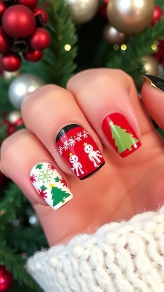 Close-up of Christmas sweater nail art with red and green designs, snowflakes, and Christmas trees.